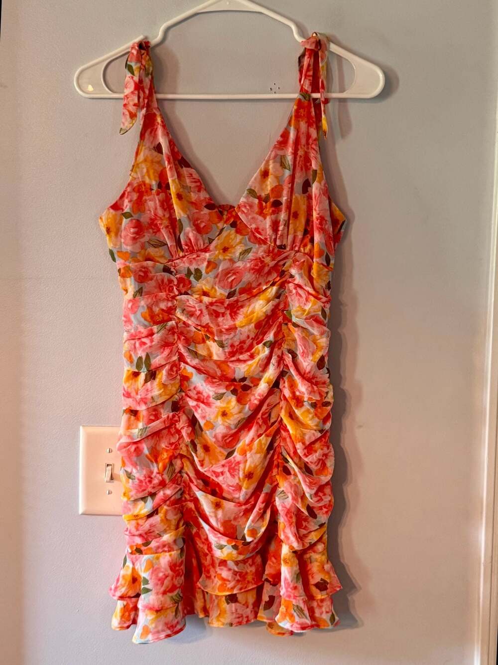 Lily Rose Floral Ruched Mini Dress XS Pink Orange Romantic Cottagecore Dress